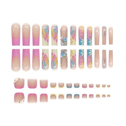 48Pcs Summer Flower Press on Nails Long & Press on Toenail for Girls Nail