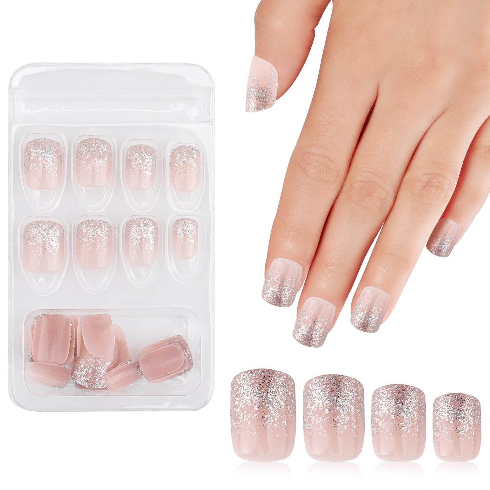 Silver Glitter French Tips Fake Nails, 24Pcs Pink Gradient Press on Nail, Spa…