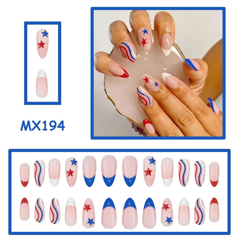 4th of July Press on Nails Medium Almond French Tip Fake Nails Press ons Glos…