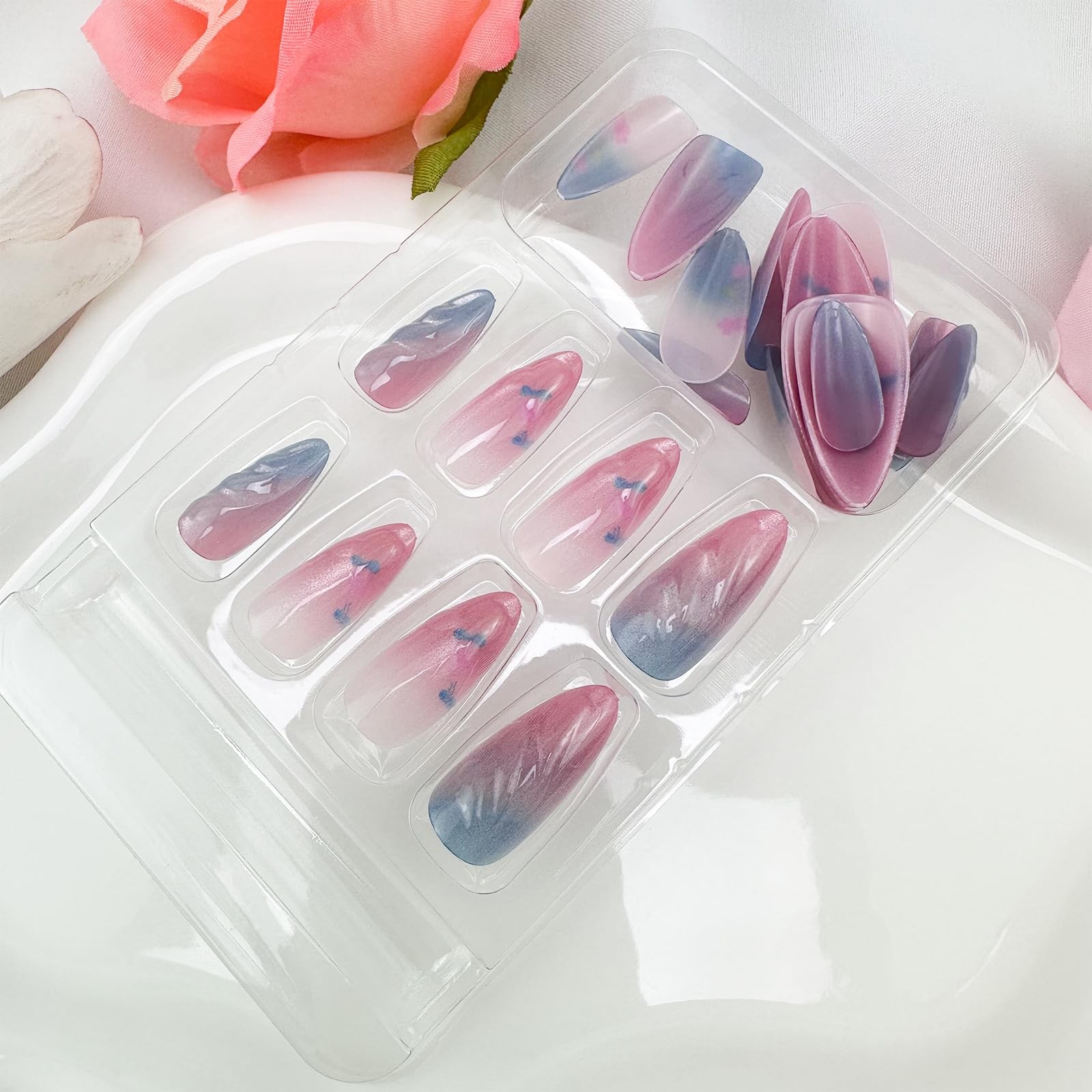 24Pcs Colorful Press on Nails Medium Almond Fake Nails Rainbow Ombre Full Cov…
