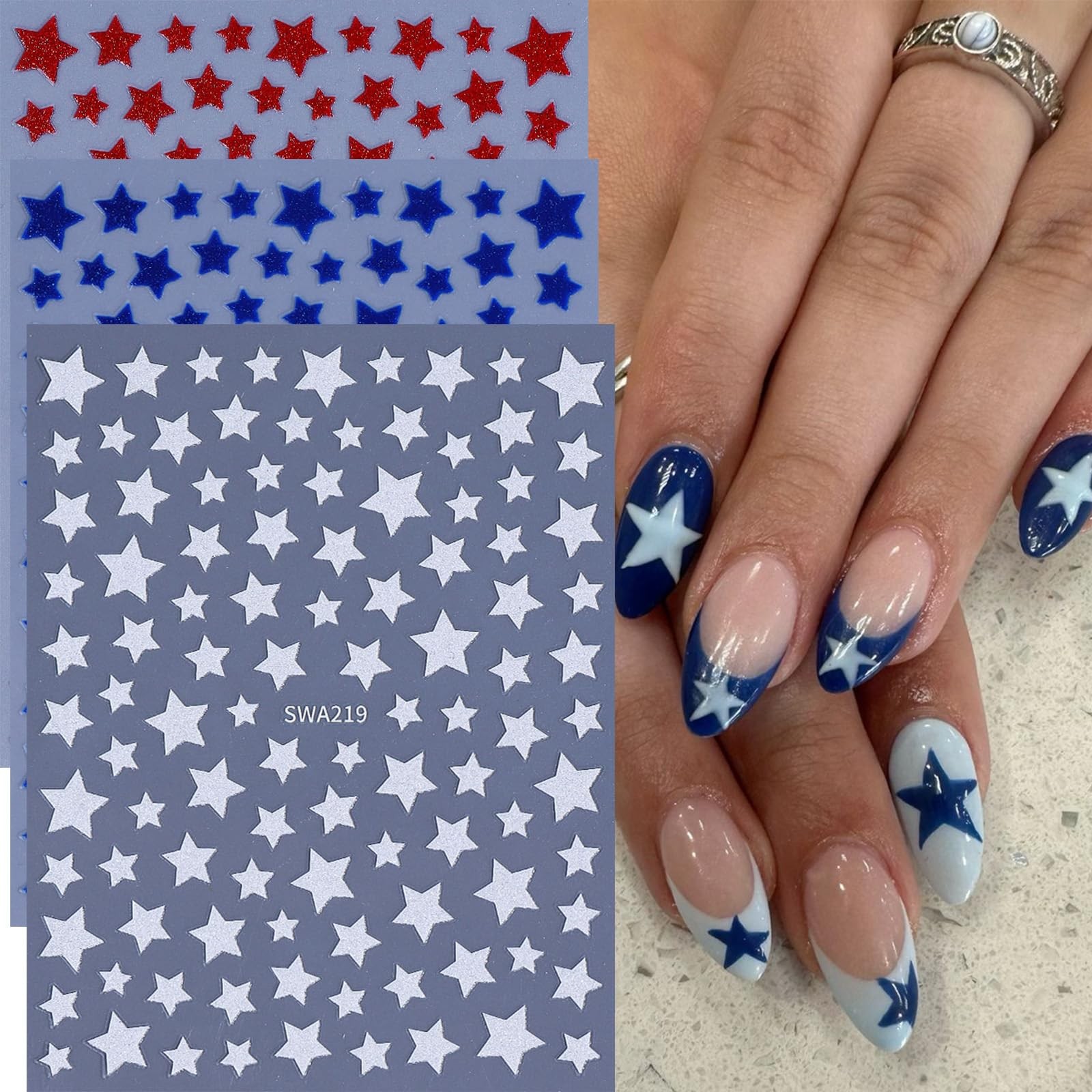4th of July Nail Stickers Red White Blue Star Nail Decals 6PCS Glitter Patrio…