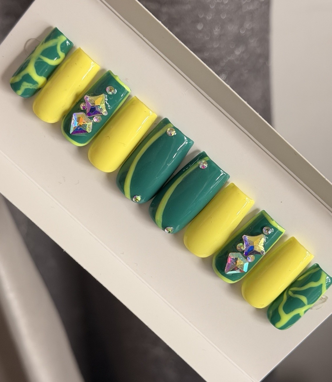 🤍 CUSTOM Hard Gel Press On Nails, GREEN YELLOW BLING 10p FULL SET W Kit