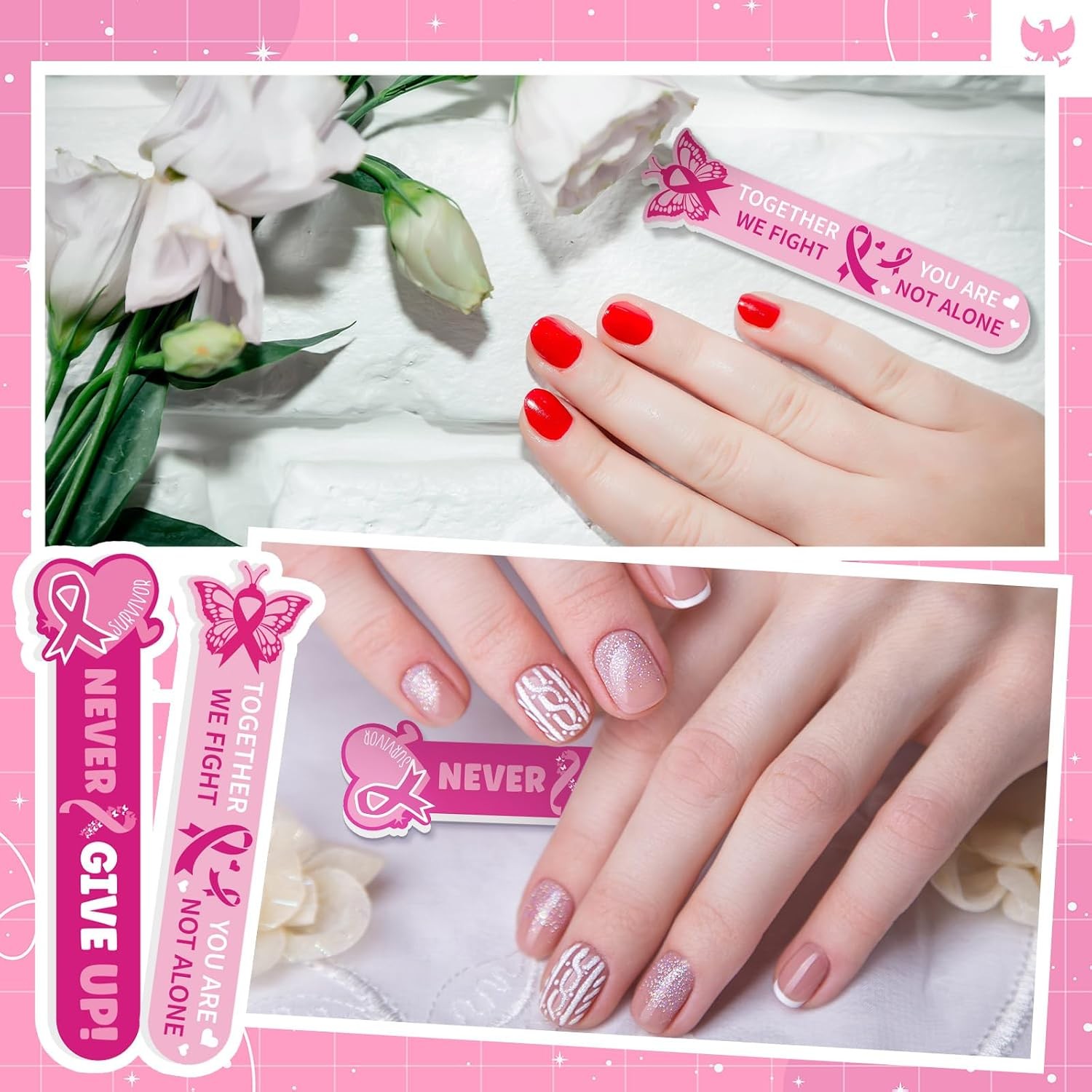 50 Pcs Breast Cancer Awareness Nail Files, Pink Ribbon Manicure Tools | Pink