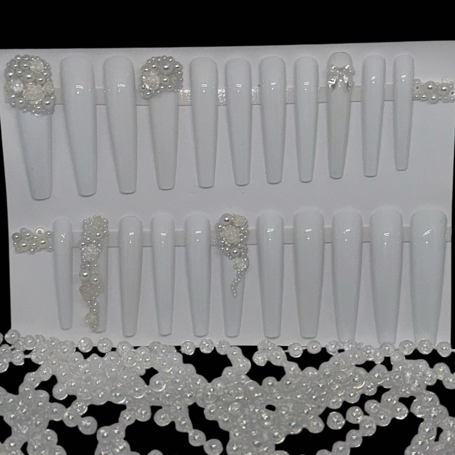 Handmade Custom Press on Nails 2X Long Coffin Wedding White Pearls & Roses Nails