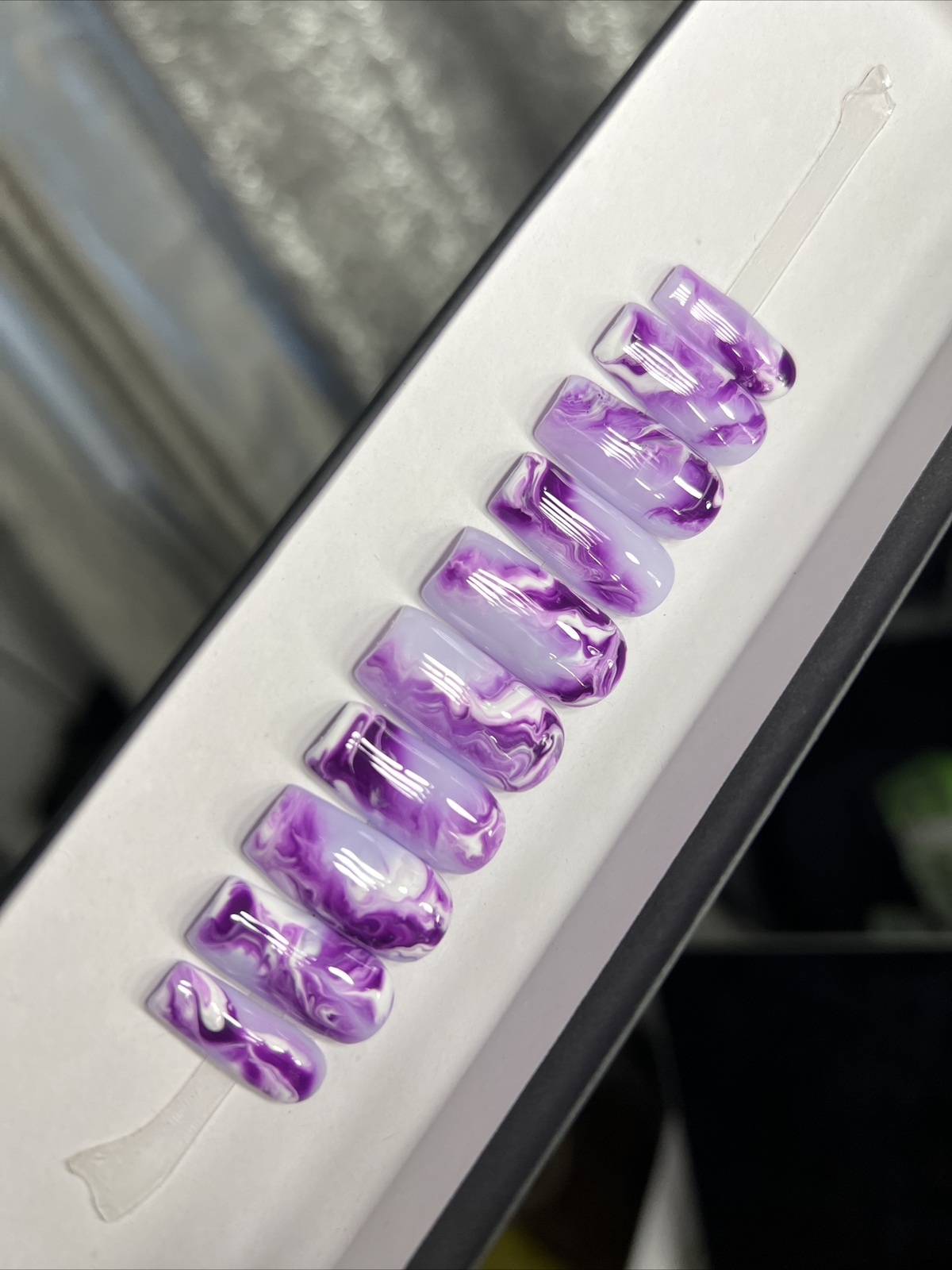 🔥CUSTOM Gel Press On False Nails, Purple Marble, 10p set,Medium Square W Kit