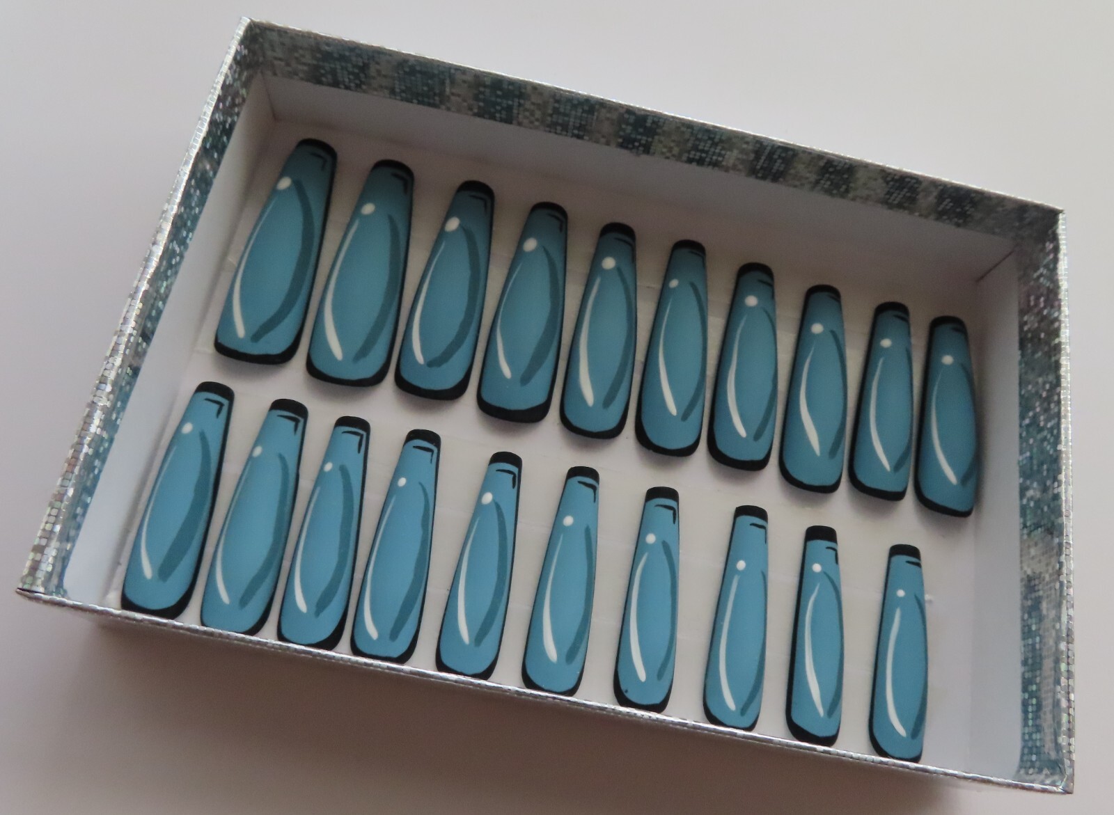XL Matte Blue Black White 3D Cartoon Outline Square Coffin Press On Nails (20)