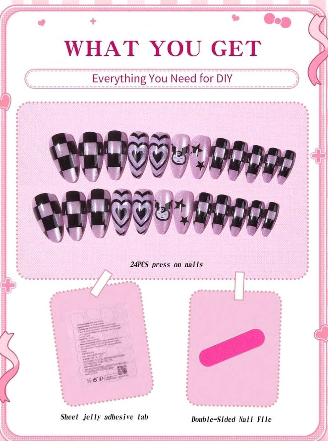 Press-On Nails SANRIO Black Pink/Lavender Silver Kuromi Medium/Long Glitter