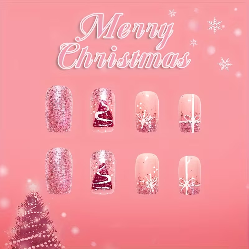 24pcs Christmas Press-On Nails, Medium, Pink & White Glittery Snowflake & Tree