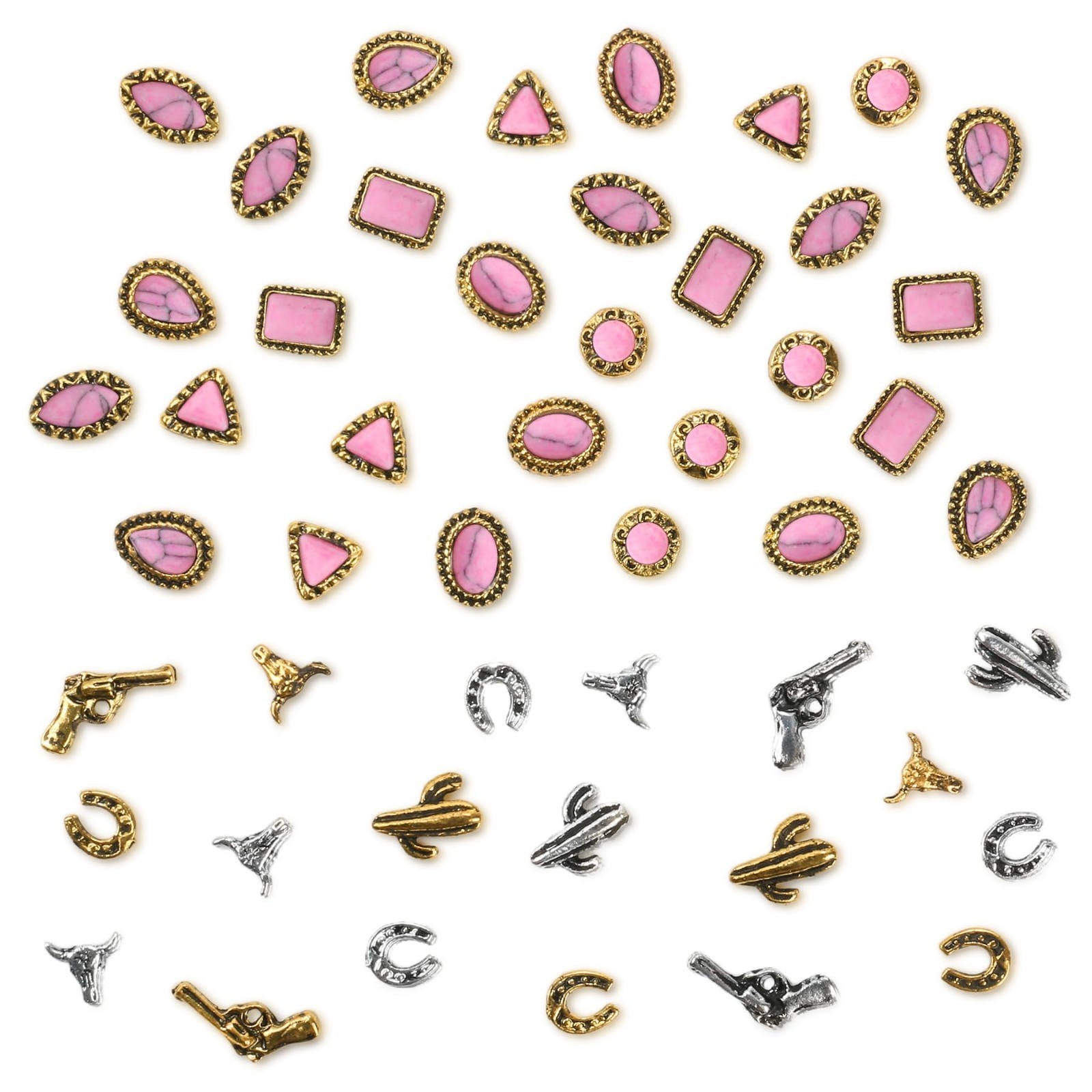 50 PCS Western Nail Charms – Pink Turquoise 3D Gems, Retro Cowgirl Jewelry Gifts