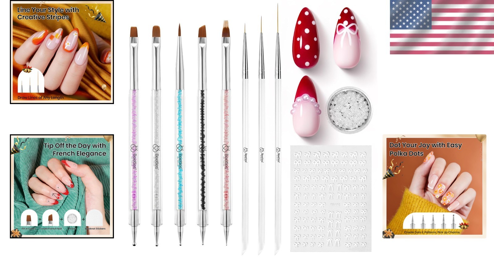 Luxury 8 Piece Nail Art Brushes with Stickers and Pearls for Home Salon