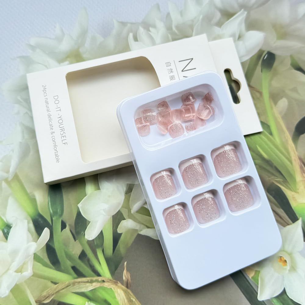 24PCS White French Tip Press on Toenails Short Square Natural Nude Glitter Fake