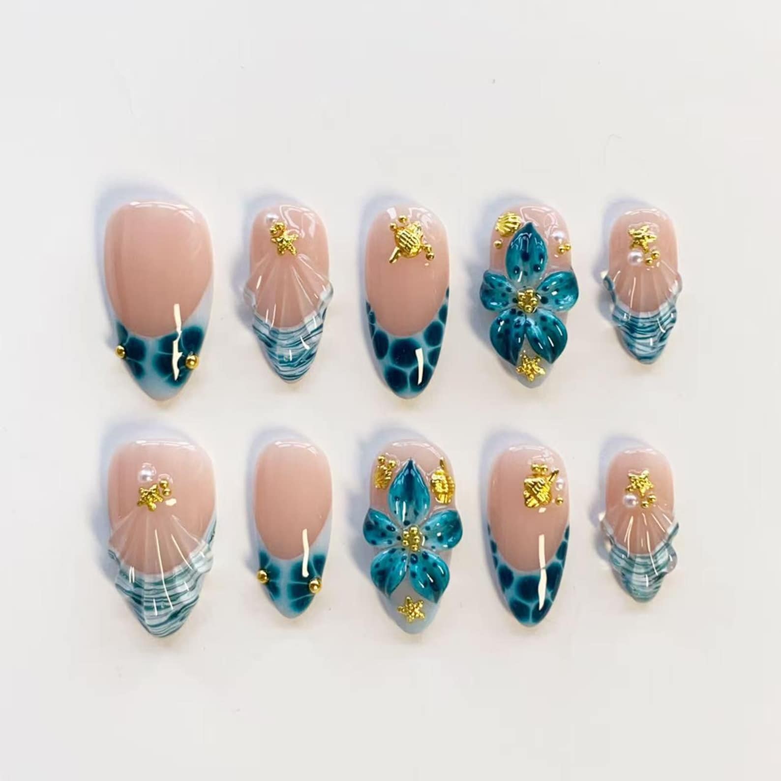 Handmade Ocean Wave 3D Flower Gold Starfish Turtle Pearl Almond Press on Nails