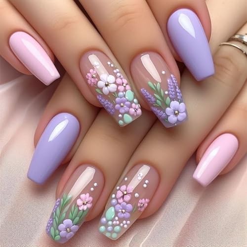 French Flower Press on Nails Coffin Medium Fake Nails Glossy Purple Style 6
