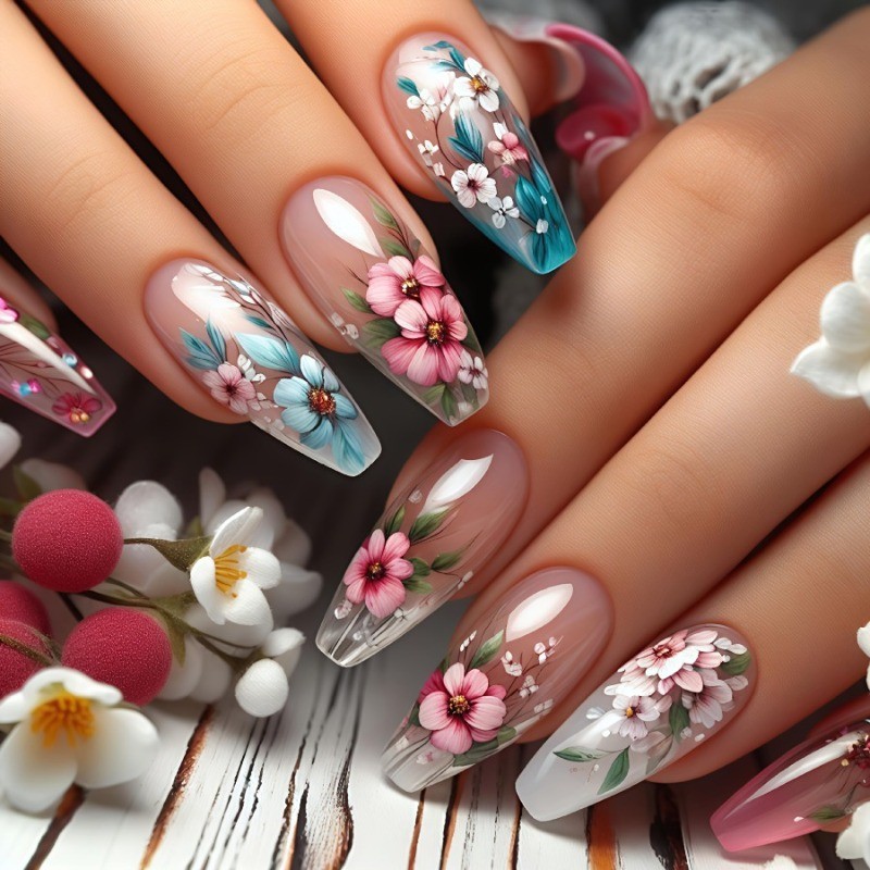 48PCS Ballet Nude Transparent Pink Blue Flower Reusable Fake Nails