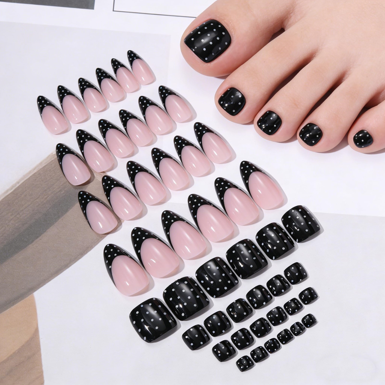BABALAL 48Pcs Hand & Toe Press On Nails Set, Medium Almond Medium, Black