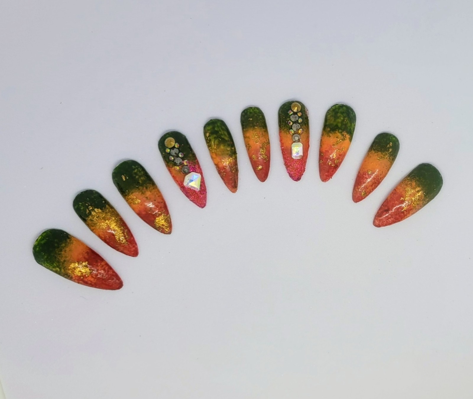 KFN ​Press On Nails| Rasta Ombre Almond Gel Glass Finish Gold Swarovski Design
