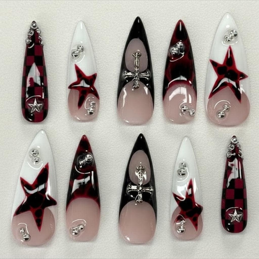 Handmade Custom Gothic Red Star Cross Silver Bead Stiletto Press on Nails