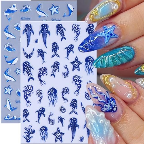 Summer Ocean Life Nail Art Sticker Decal 2Pcs 5D French Blue Polka Dot Fish