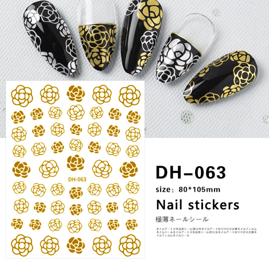 Nail art 3D stickers Adhesive Decals White Black Gold Rose Flower DH63 DIY NS53