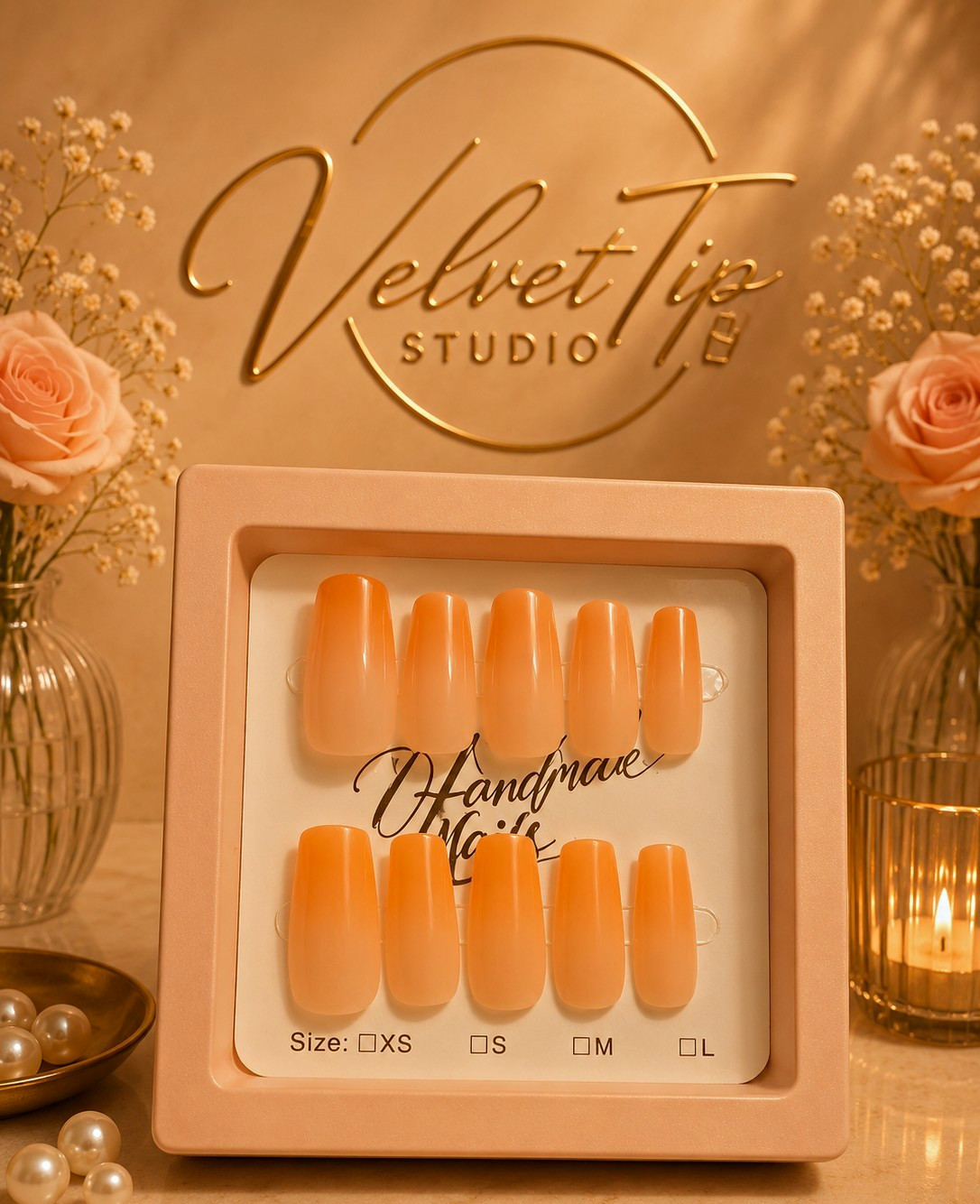 VelvetTip Studio Orange Shiny Square Medium Press-On Nails Full Cover Size M