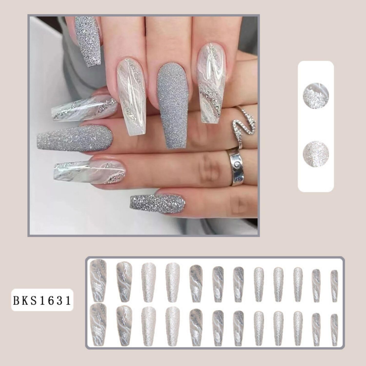 Glitter Coffin Press-On Nails Silvery Marble Gradient Full Cover Artificial Nail