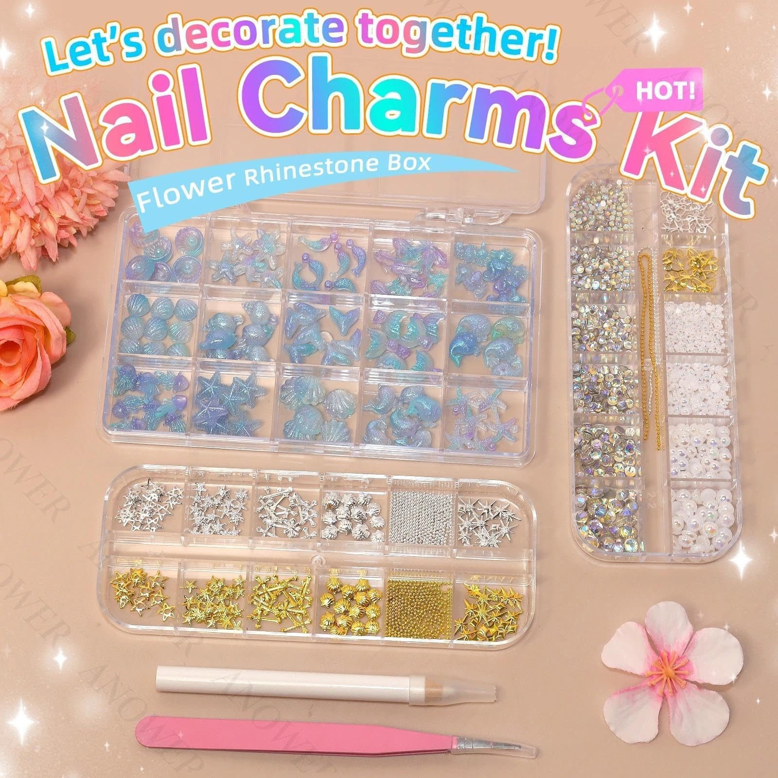 3 Boxes Nail Art Charms Kit, Ocean Series Seashells Nail Charms, Glass Flatba…