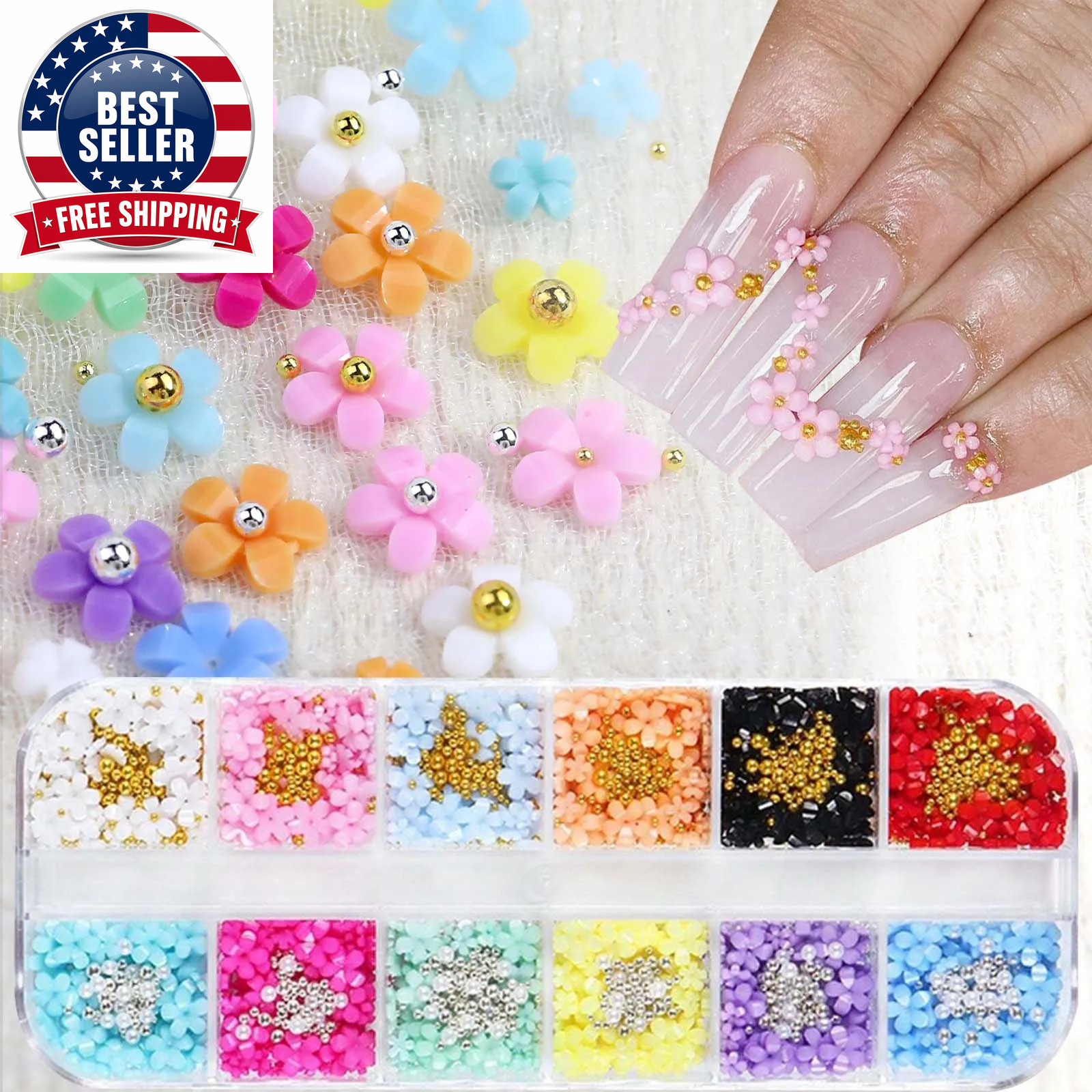 12 Grids/Box Nail Art Rhinestones 3D Color Resin Cute Flowers with Caviar Decora