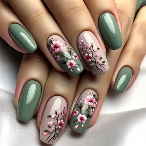 Flower Press-on Nails, 24 Pcs, Green, Floral Modern, Coffin Flower Style3