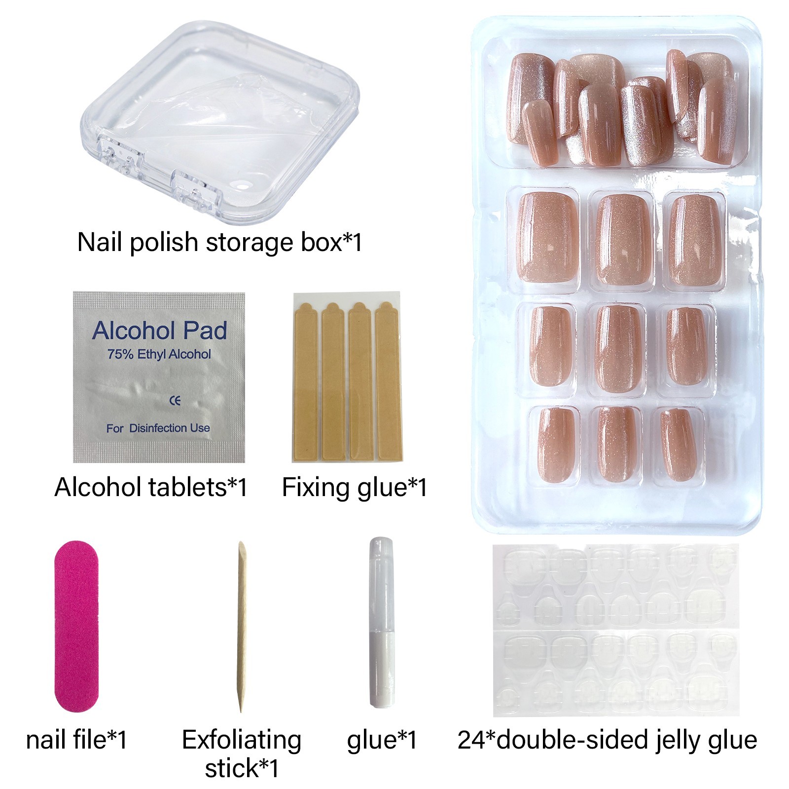 Glitter Nude Short Square Press-On Nails, 24Pcs Fake Nails with Full Prep Kit