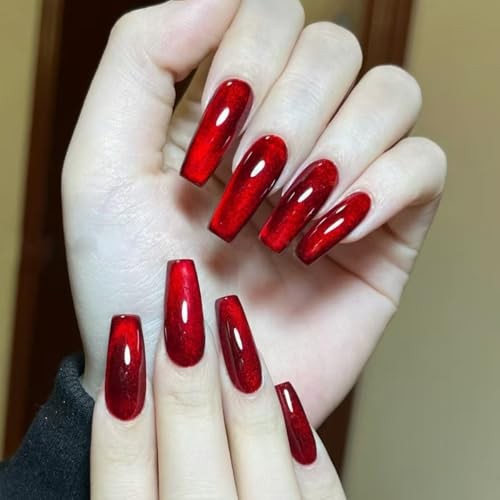 Red Press on Nails Square Medium Fake Nails Wine Red Cat Eye Short Style 9
