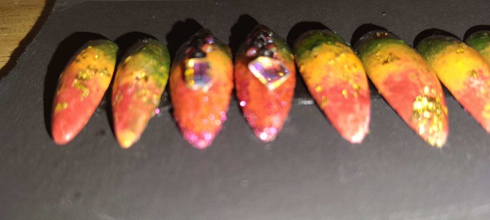KFN ​Press On Nails| Rasta Ombre Almond Gel Glass Finish Gold Swarovski Design