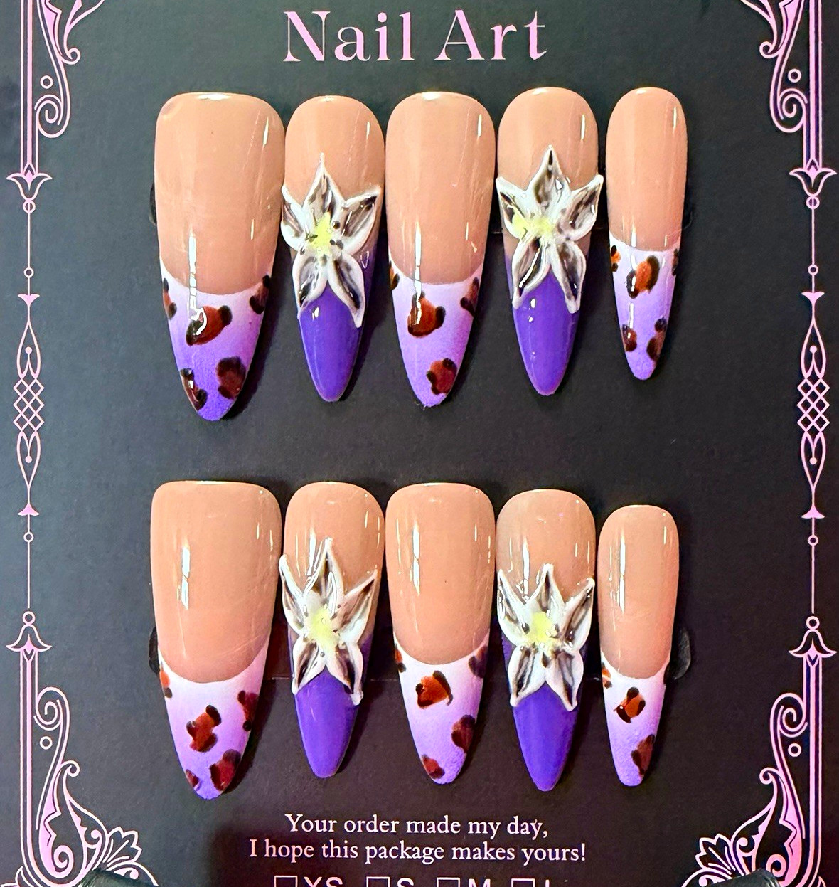 Beige/Purple/White/Brown 3D Floral Stiletto Press-On Nails, Long Full Cover