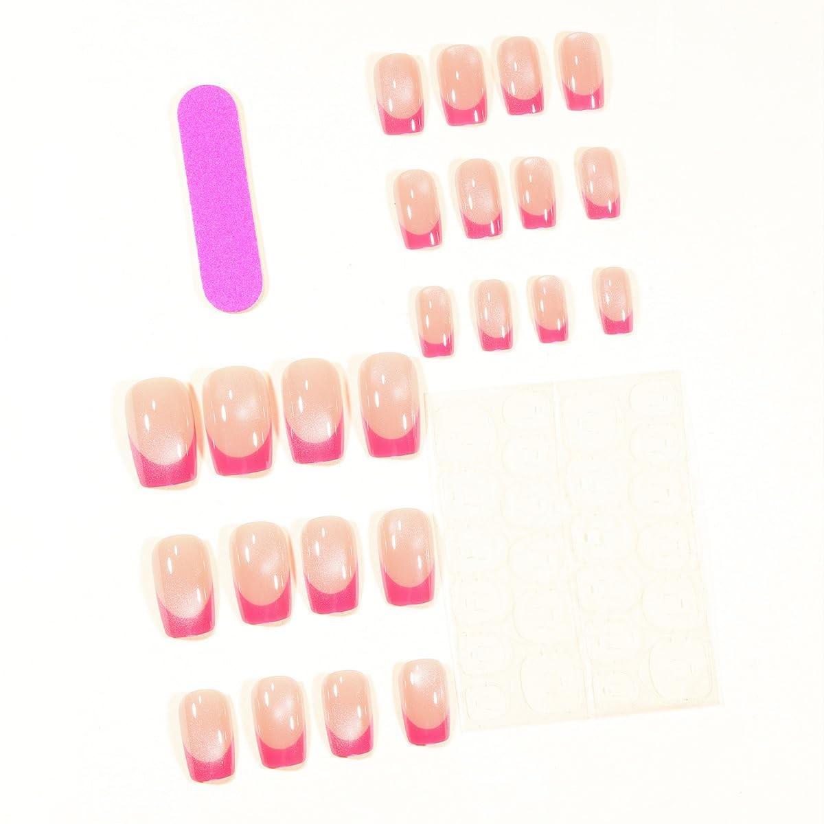 Glossy Glitter Press on Nails Hot Pink French Tip Fake Nails Medium Length Sq…