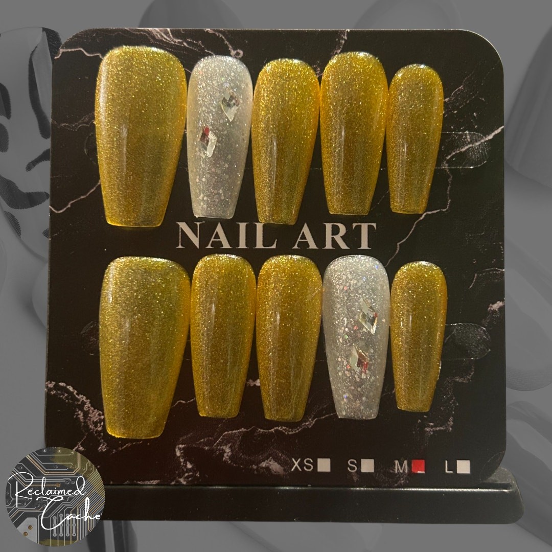 Gold and Silver Long Coffin Press On Nails – Size Medium