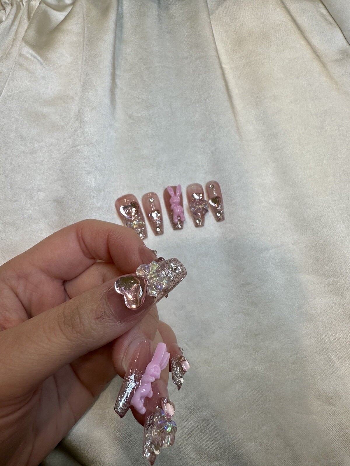 “Lucky Pink Rabbit” Beautiful Press On Nails – Handmade – Medium RRP $35