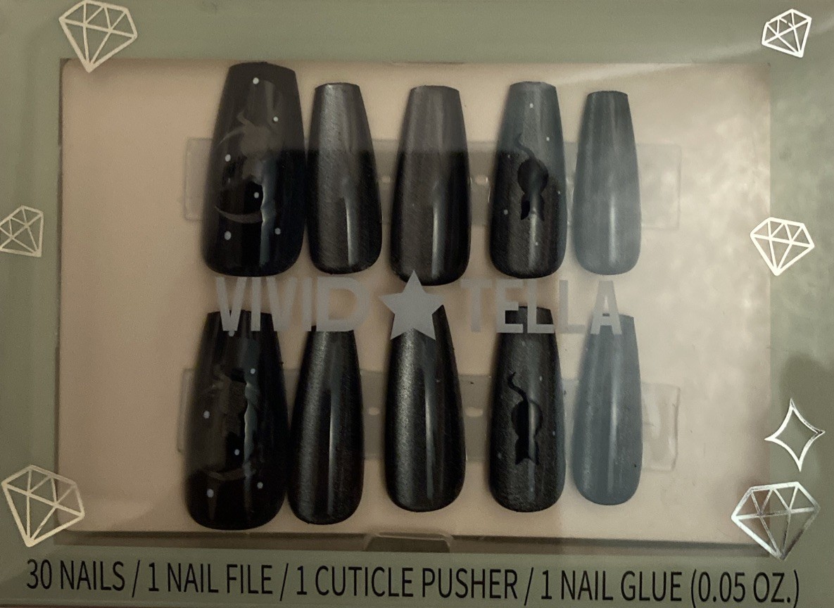 30 Medium Black Silver Cat Theme Nails Set, 3D Glitter, Full Cover