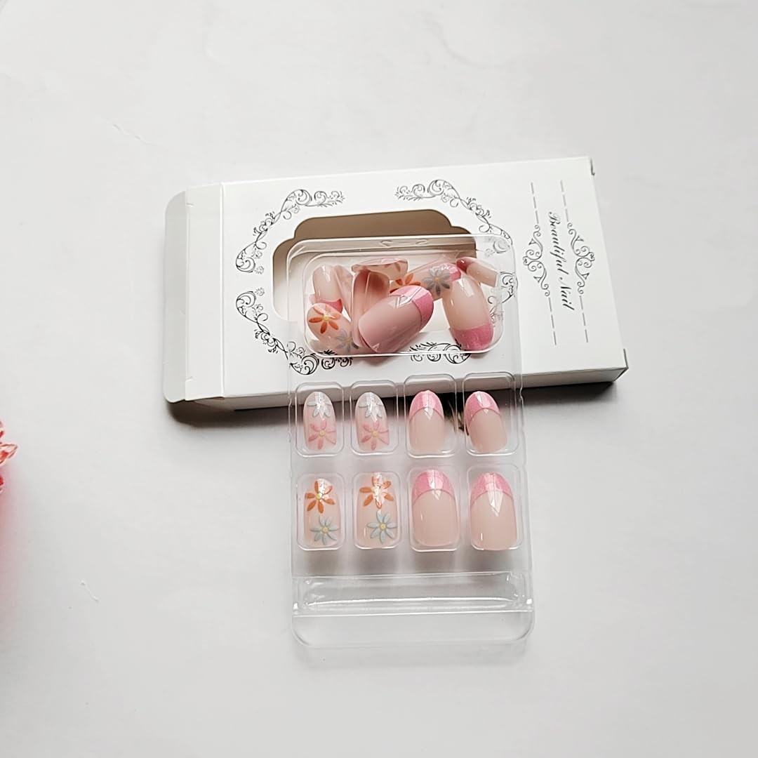 Spring Press On Nails Short Almond Fake Nails Pink French Tip False Nails wit…