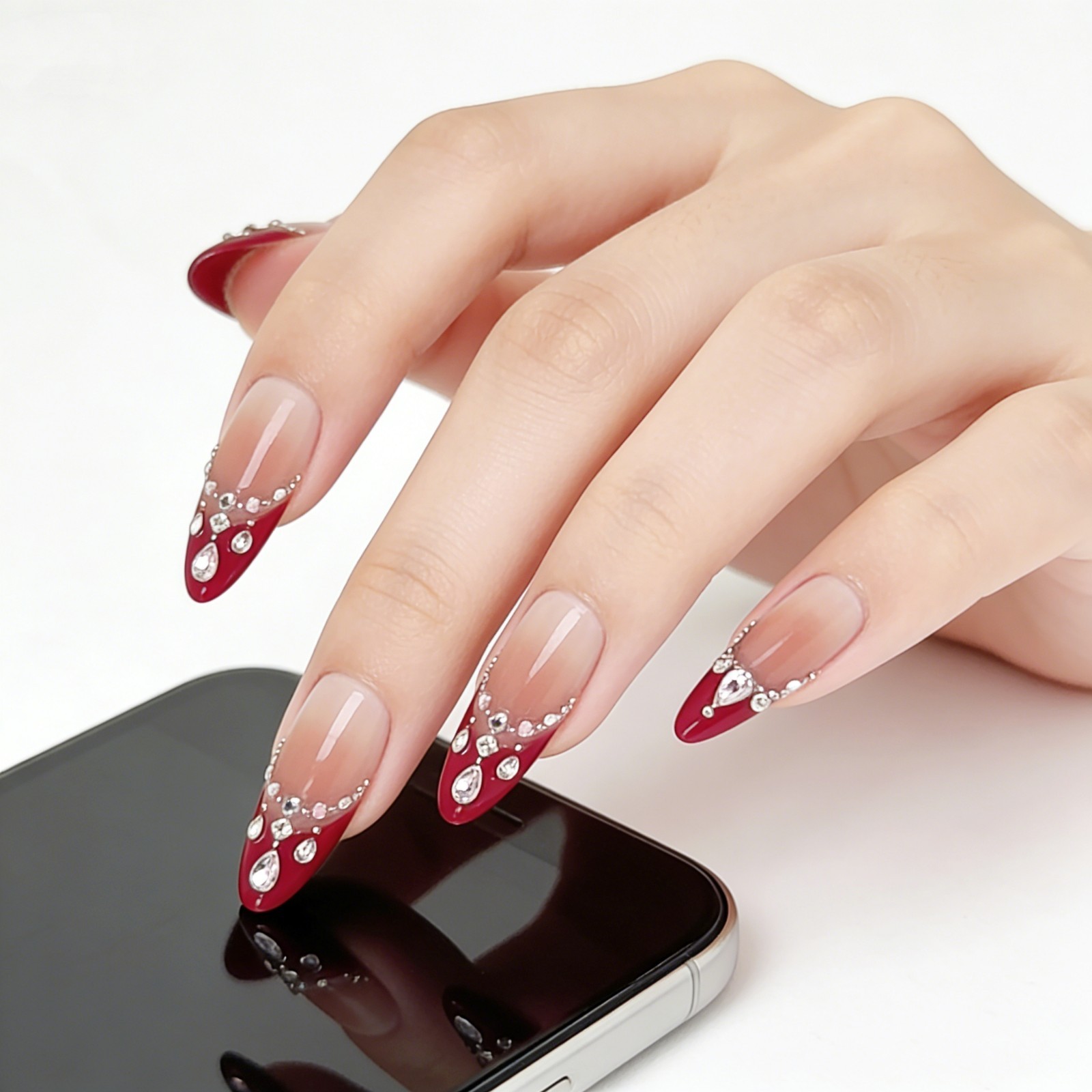 Red Brown Ombre Press-On Nails with Rhinestone Band Luxury Handmade Almond Nails