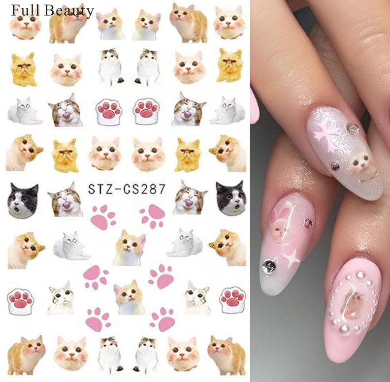 3 Sheets Cat Kitten Footprint Nail Stickers 3D Self-Adhesive Cartoon Animal NS2