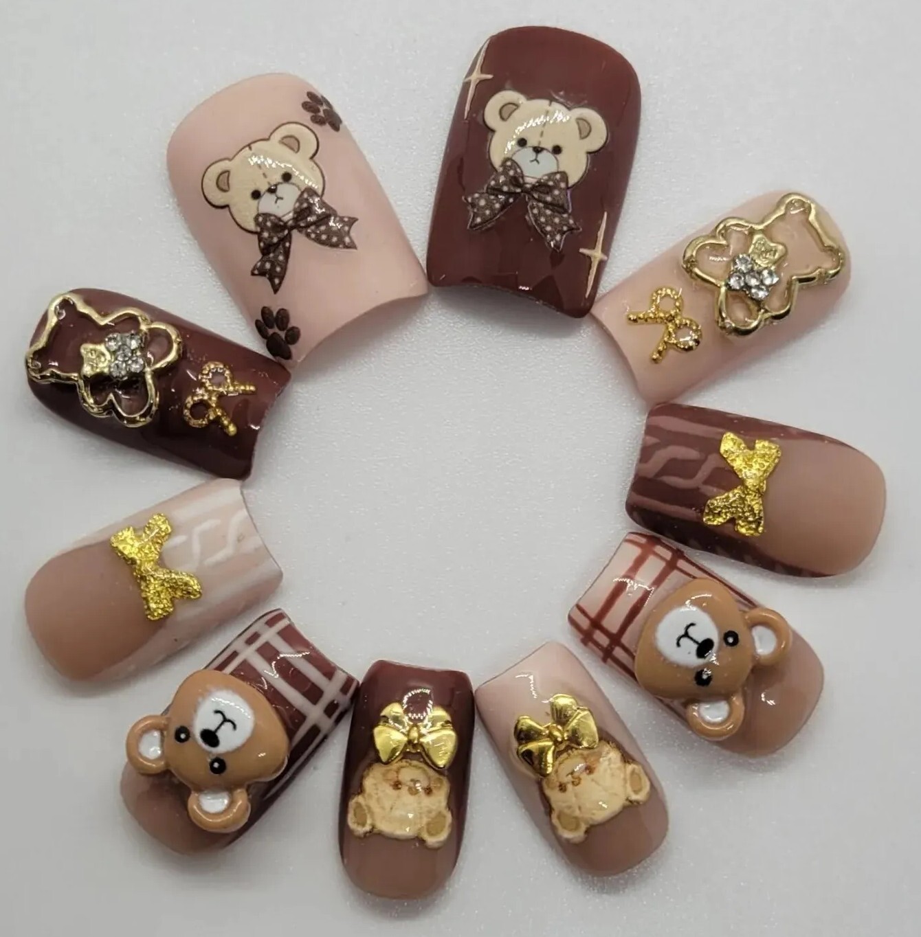 Handmade Teddy Bear Autumn Cute French Brown Sweater presson nails short Square