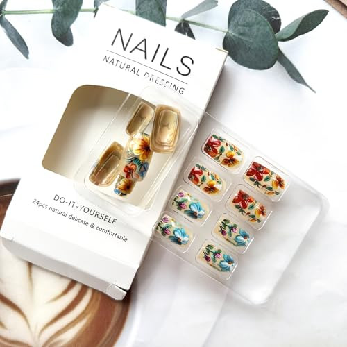 24 Pcs Flower Press on Nails Square Fake Nails Spring Summer False Style-A11