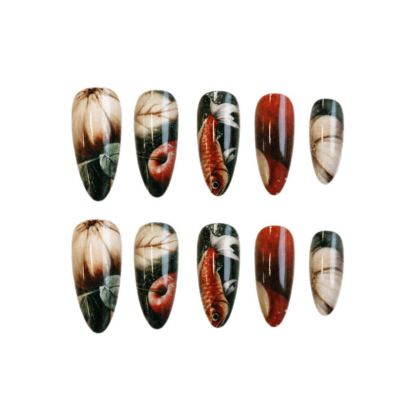 48 Pcs Koi Lotus Ink Print Press on Nails, Medium Almond Vintage Fake Nails