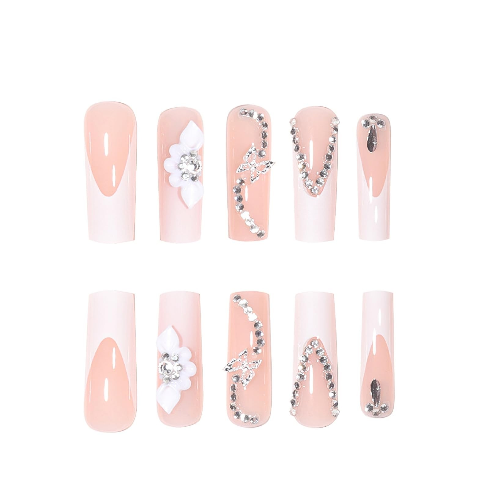 French Tip Press on Nails Long Square Fake Nails Glossy Nude False Nails with…