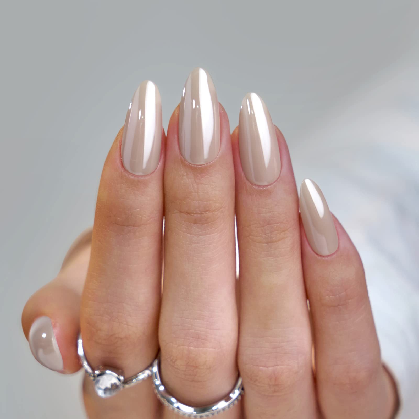 Press On Nails, Nuts Glazed, Medium Almond, Chrome Nude, 32Ct