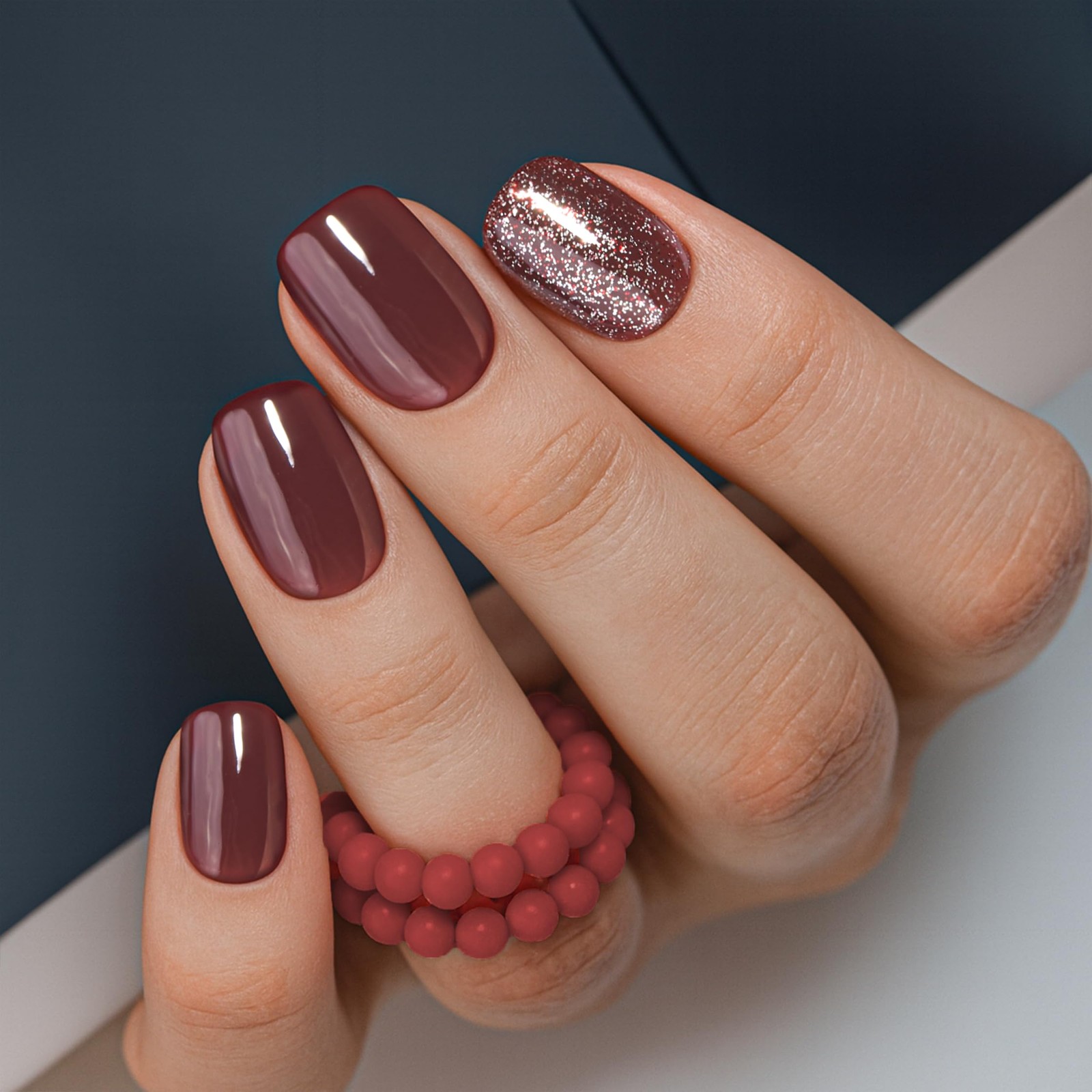 30pcs Press on Nails, Short Square Acrylic Fake Nails with Wine Red Glitte Ap…