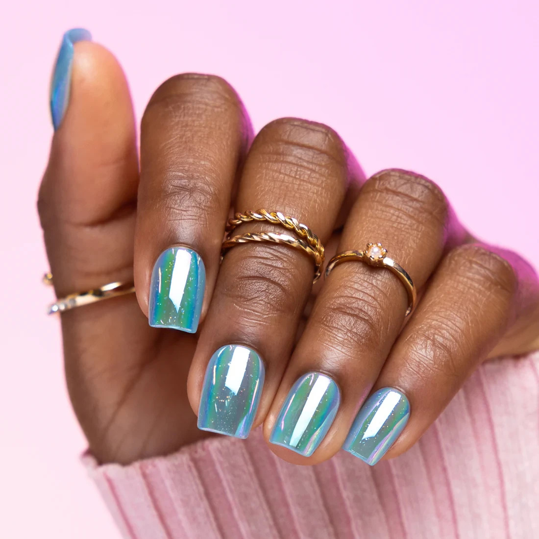 Red Aspen Press On Nails- Azure Ariana-Short-Coffin-Blue- Holographic
