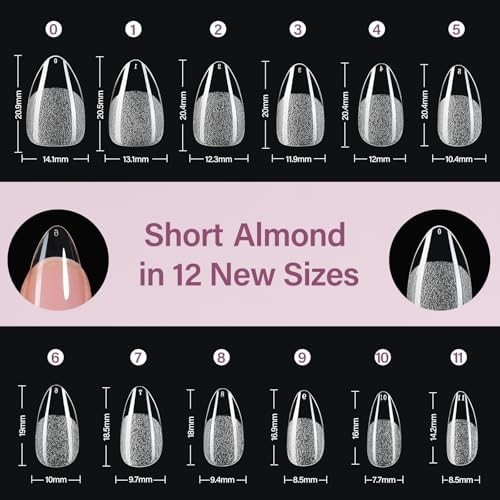 Misssix Short Almond Gel Nail Tips Kit, 216Pcs Pre Etched Clear Fake Nails, Full