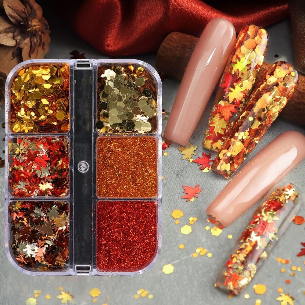 Fall Glitter Nail Art Sequins 6 Box Set Maple Leaf Gold Flakes 3D Decor