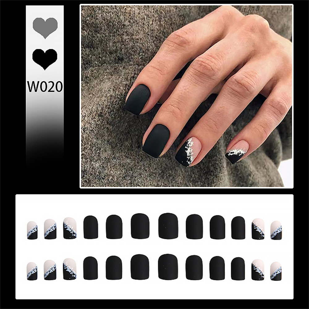 Square Short False Nail Matte Black French Press on Nails for Nail Art 24pcs