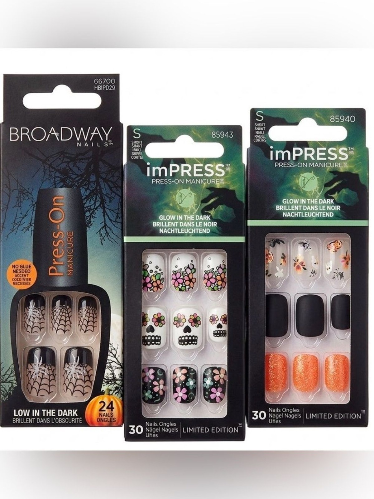 3x Halloween Press On Nails Bundle Kiss imPRESS Broadway Glow In Dark Skulls Web